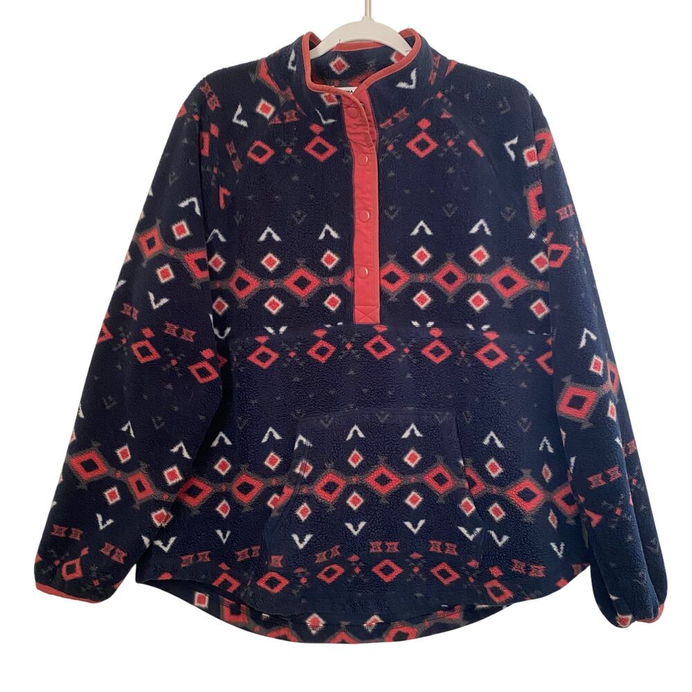 Navy Aztec Fleece Sweater Pullover Geometric Quarter Snap Womens XL